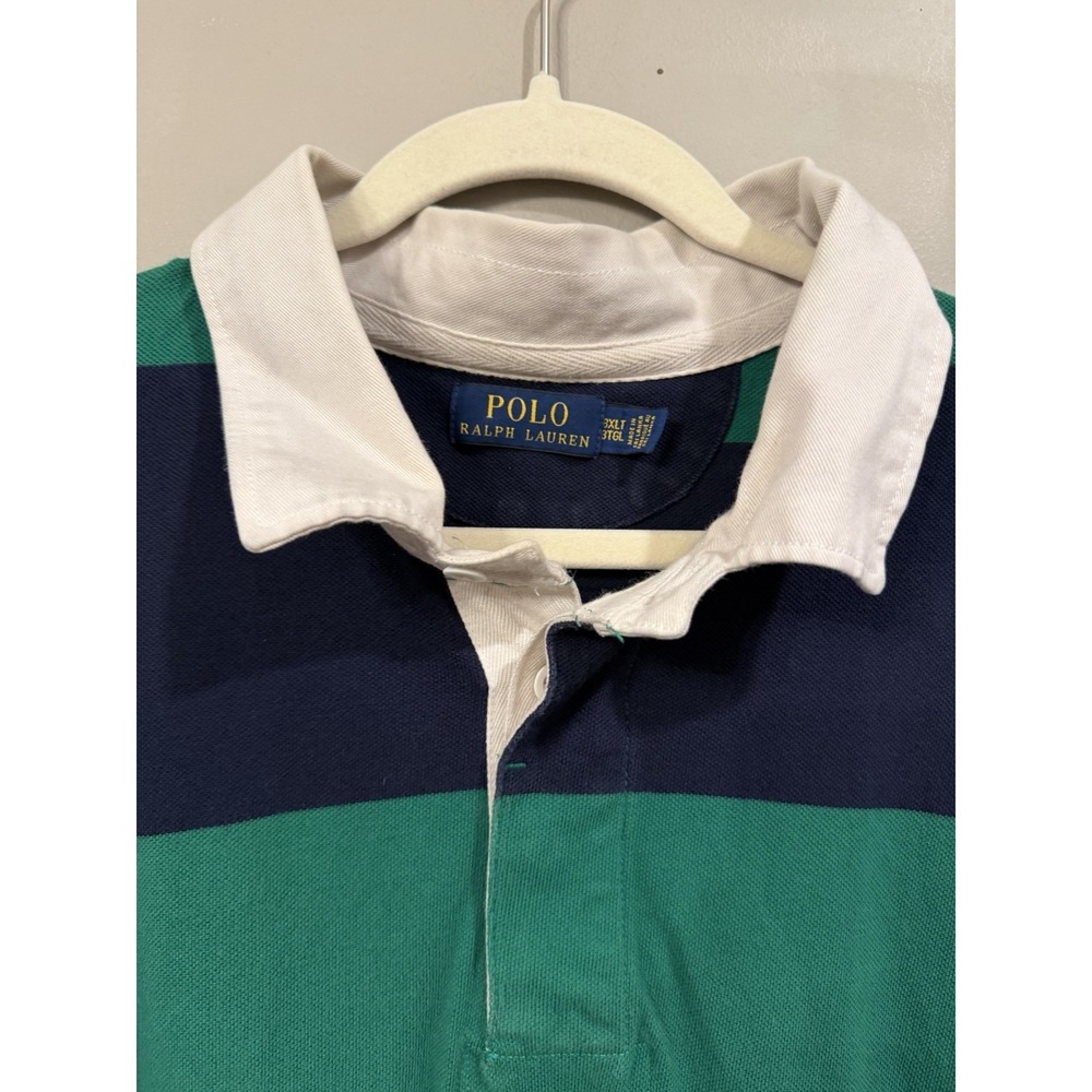 Polo Ralph Lauren Men's Long Sleeve Polo Green & Blue Rugby 3XLT Spellout - Picture 2 of 3